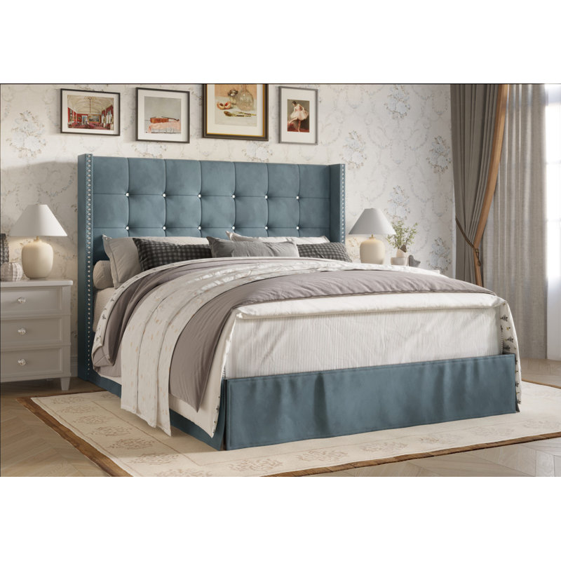 Aliviana Upholstered Wingback Platform Bed with Slat Kit, Blue, Full