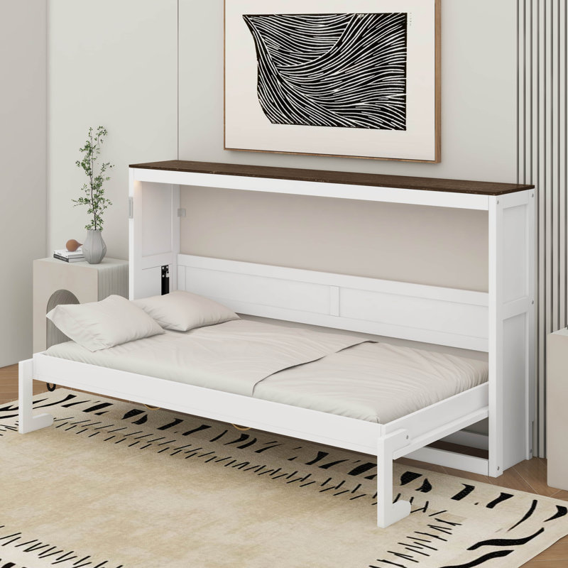 Lit escamotable simple avec lumière DEL, Blanc / Brun