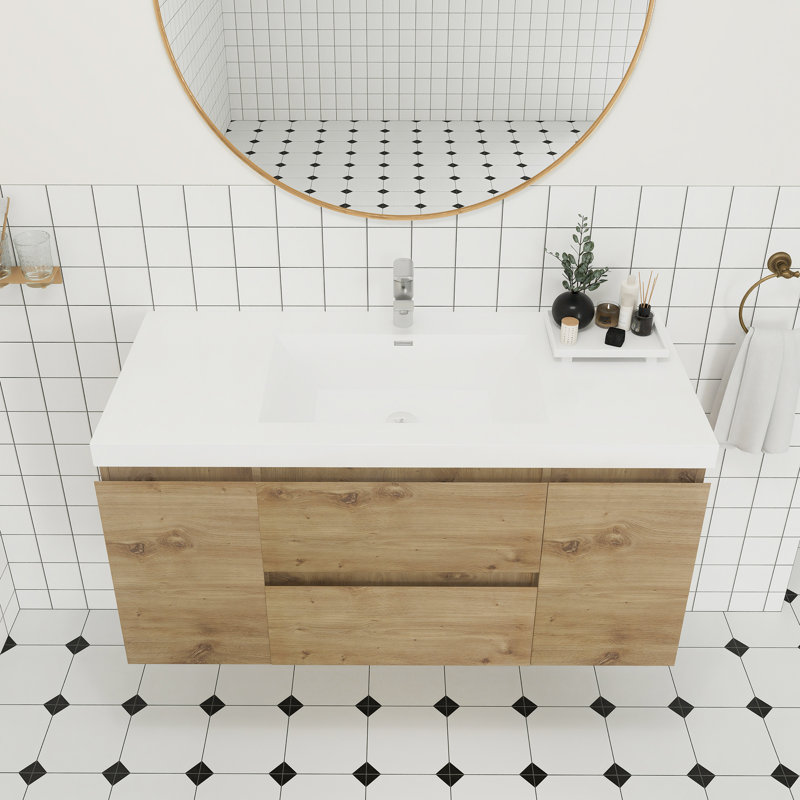 48 Inch Natural Oak Color Integrated Basin Wall Mounted Bathroom Cabinet, Natural Oak