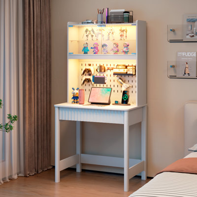 64"H Computer Desk with LED Light & Power Outlet, Home Office Desk with Sliding Lamp