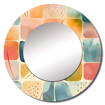 Rahoz Orange Fun Pattern Of Shapes III - Geometric Large Wall Mirror, Orange Round Decorative Mirror, Printed Metal Art