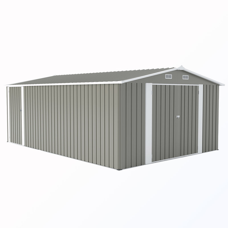 Remise de rangement extérieure avec 3 portes verrouillables, 4 bouches d'aération et toit incliné, Gris clair