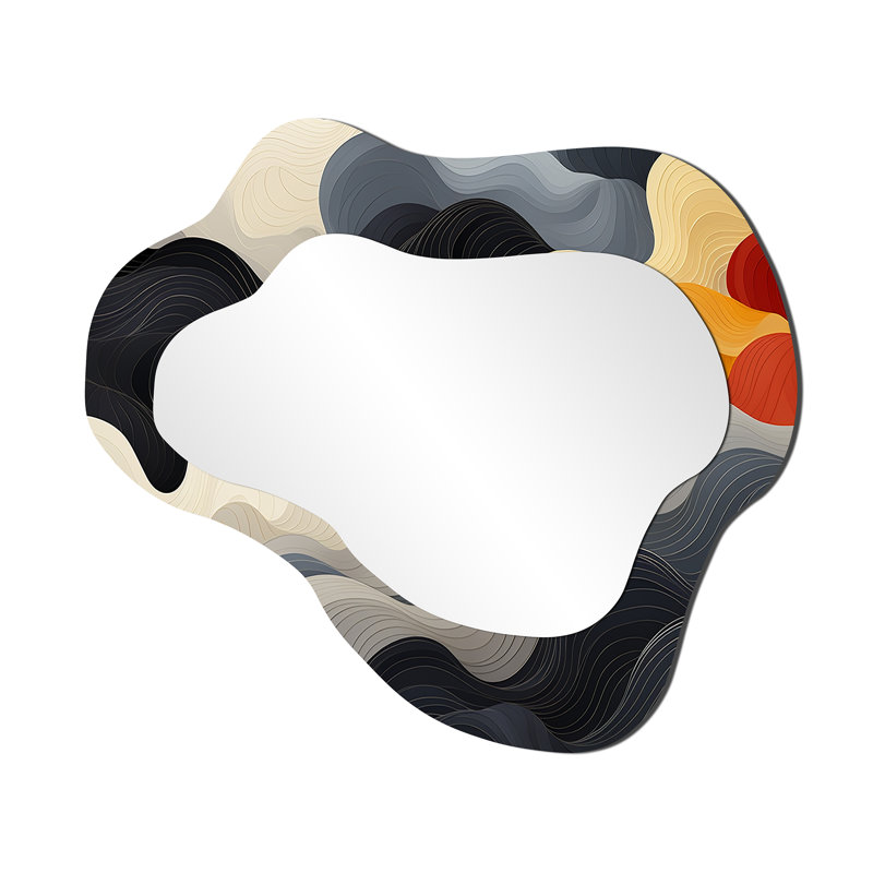 Orage solaire noir et orange - Art abstrait en métal - Miroir mural moderne asymétrique, 25 po x 28 po