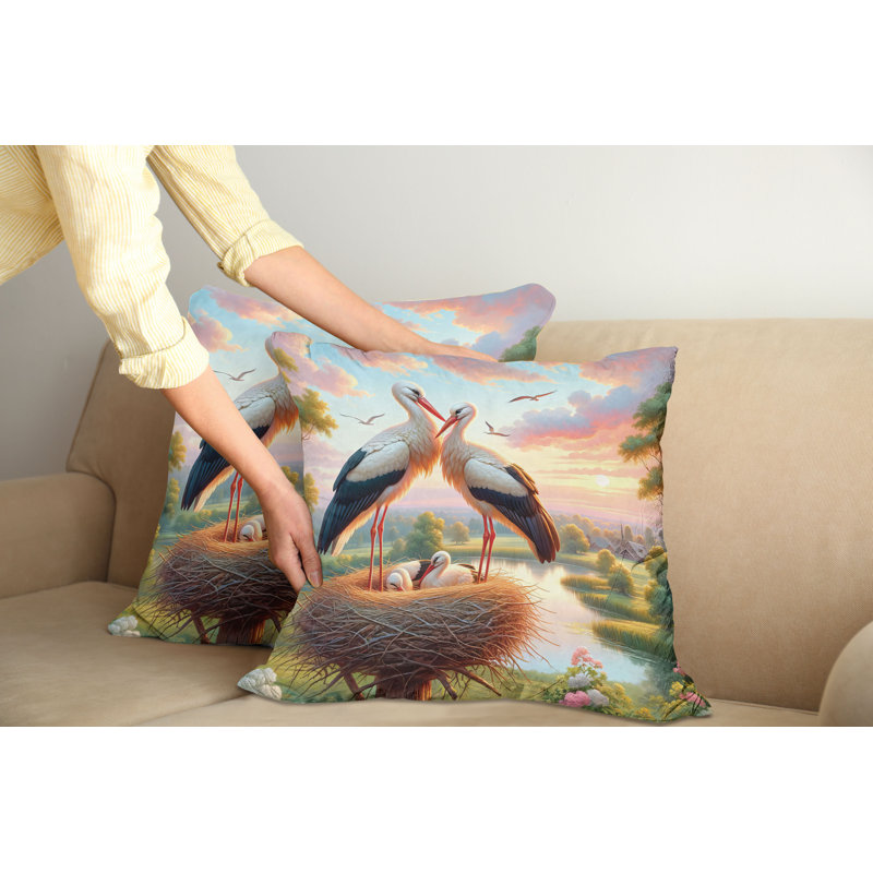 Fern Green Multicolor Stork Print Microfiber Euro Pillow Covers, Set of 2