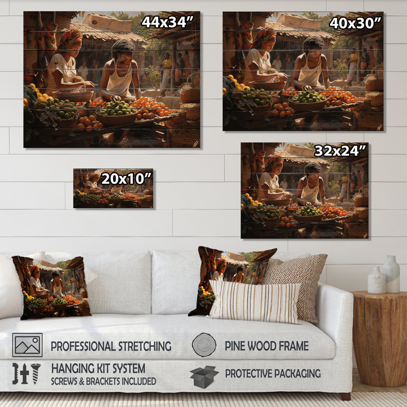 African Vibrant Market I sur impression sur bois, H 30 po x l 40 po x P 0,78 po