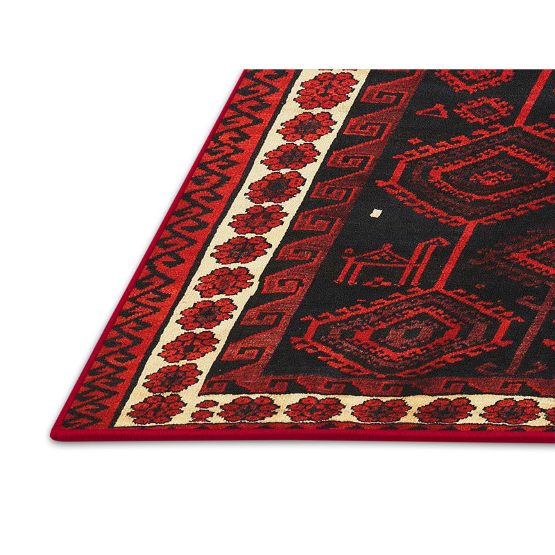 Tapis traditionnel rouge / noir, Rectangle 5 pi x 7 pi