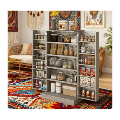 5-Tier Adjustable Storage Cabinet, Grey MDF Pantry Organizer for Kitchen