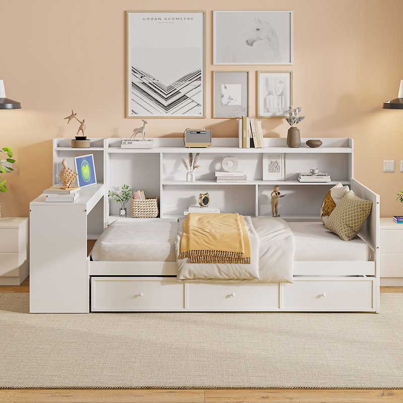 Lit de jour simple en bois avec 3 tiroirs, ports USB et bureau