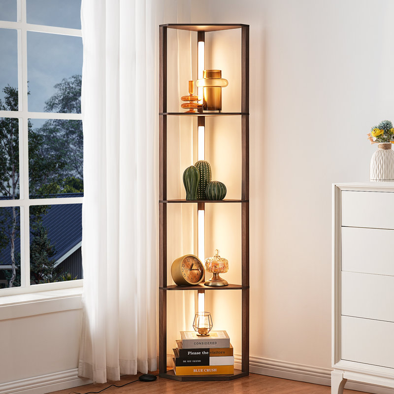 Lampe sur pied à DEL à intensité variable avec tablettes Carrye, Noyer