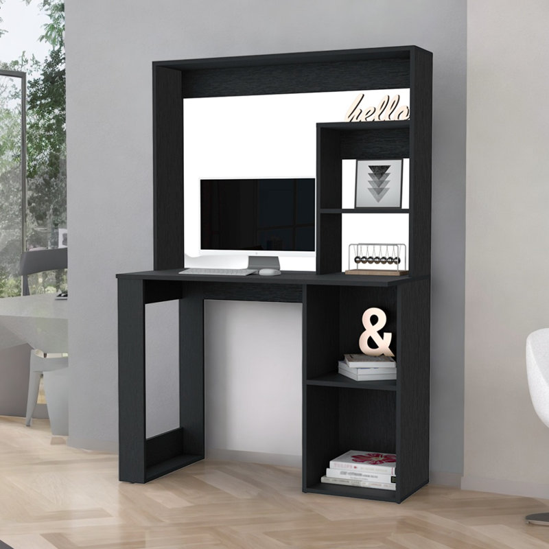 Bureau noir au fini wengé avec beaucoup de rangement et espace de travail confortable