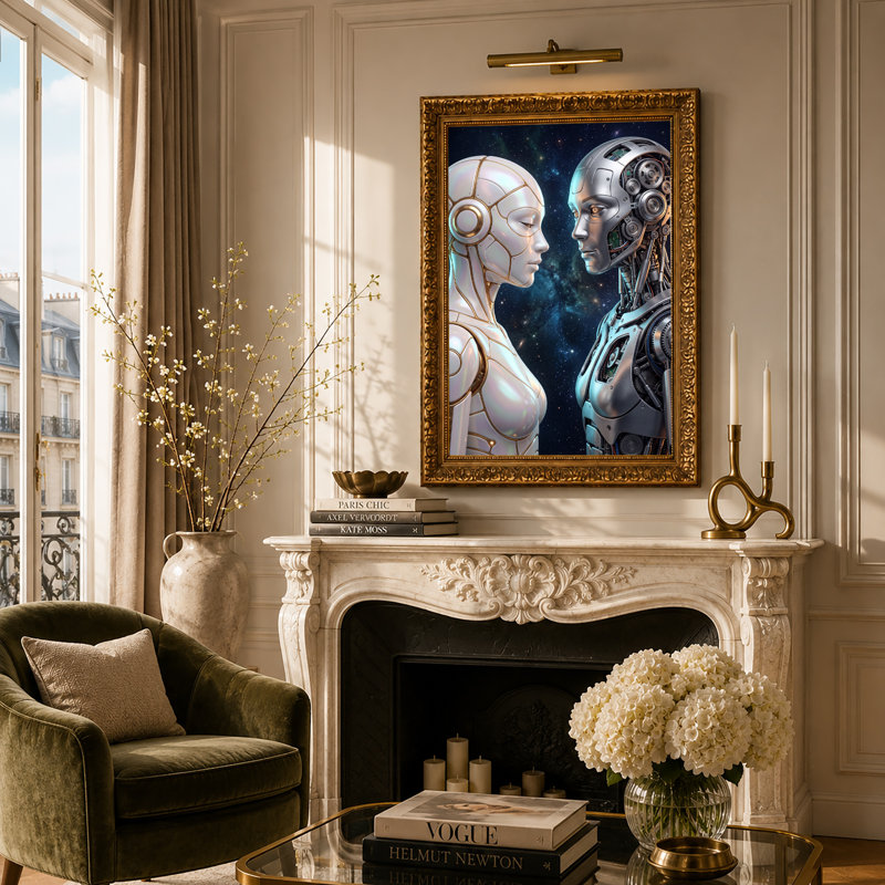 «White and Silver Robots face à face en galaxie», art mural sur toile, H 30 po x l 20 po
