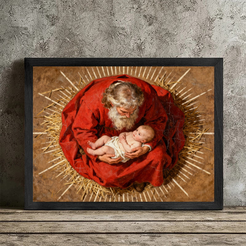 Art mural rétro noir avec père Noël - impression de décorations de crèche de Noël rustique sacrée, H 17 po x l 13 po