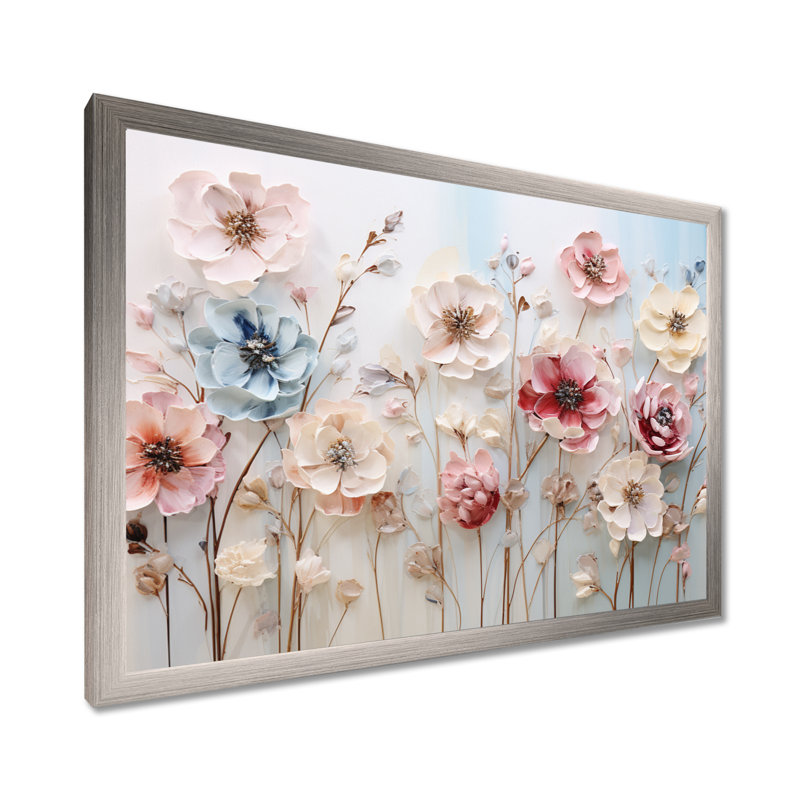 Art floral mural blanc et rose pour salon, Cadre de coin argenté fermé, H 30 po x l 40 po x P 1,5 po