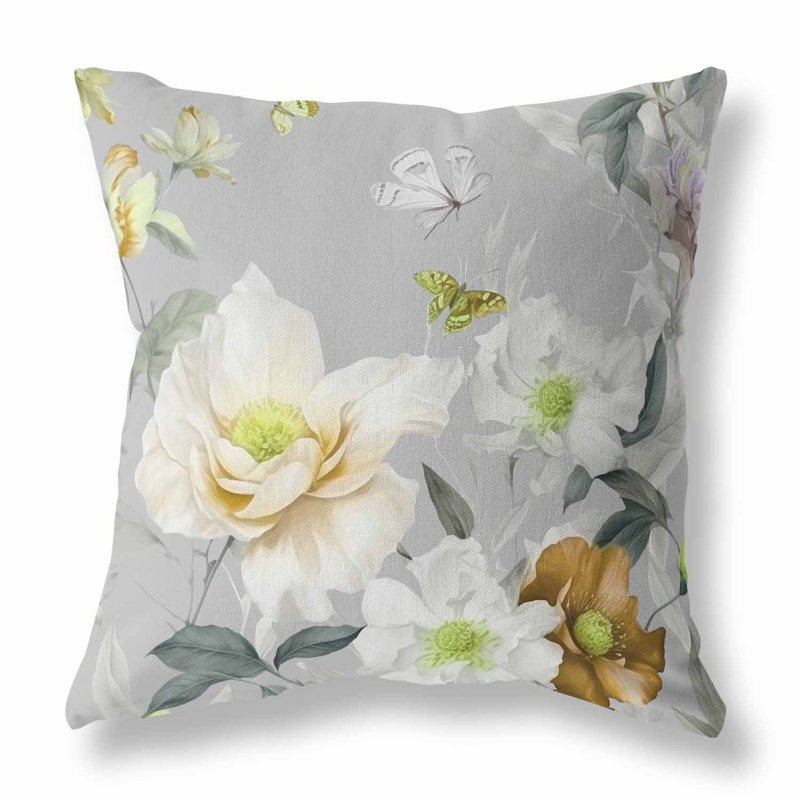 Coussin décoratif réversible Leafy Lepidoptera Medley, H 26 po x l 26 po, Blanc / or / gris