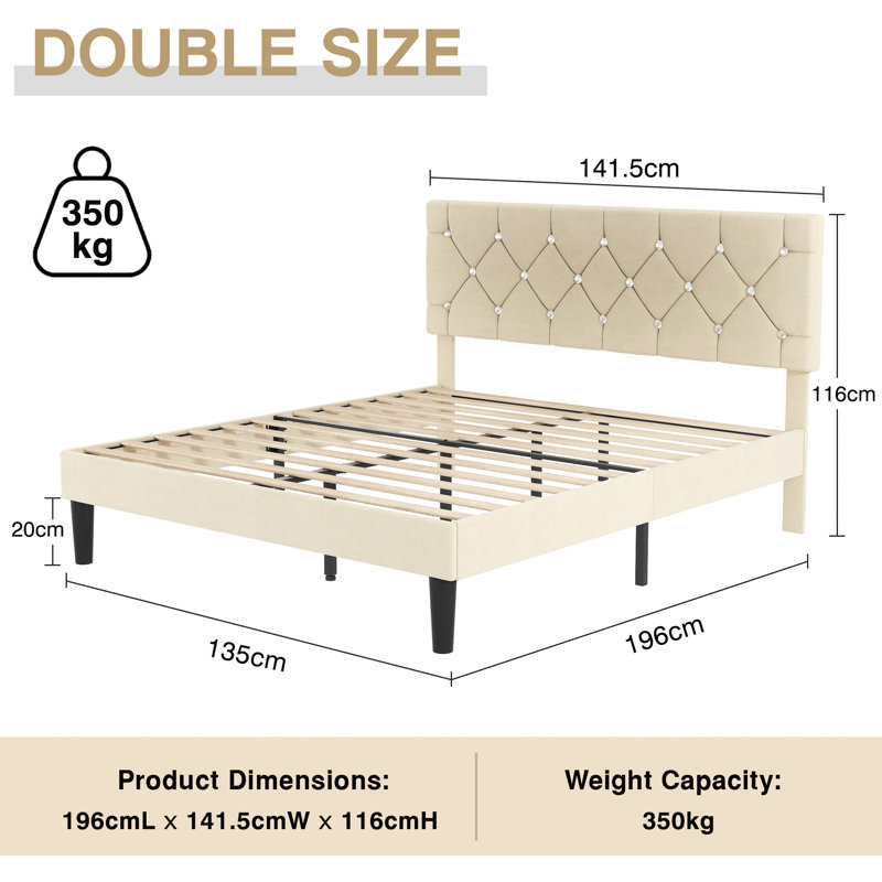 Double Size Velvet Upholstered Platform Bed Frame With Diamond Tufted Headboard, Strong Wood Slats Support, No Box Spring Needed, Easy to Assemble
