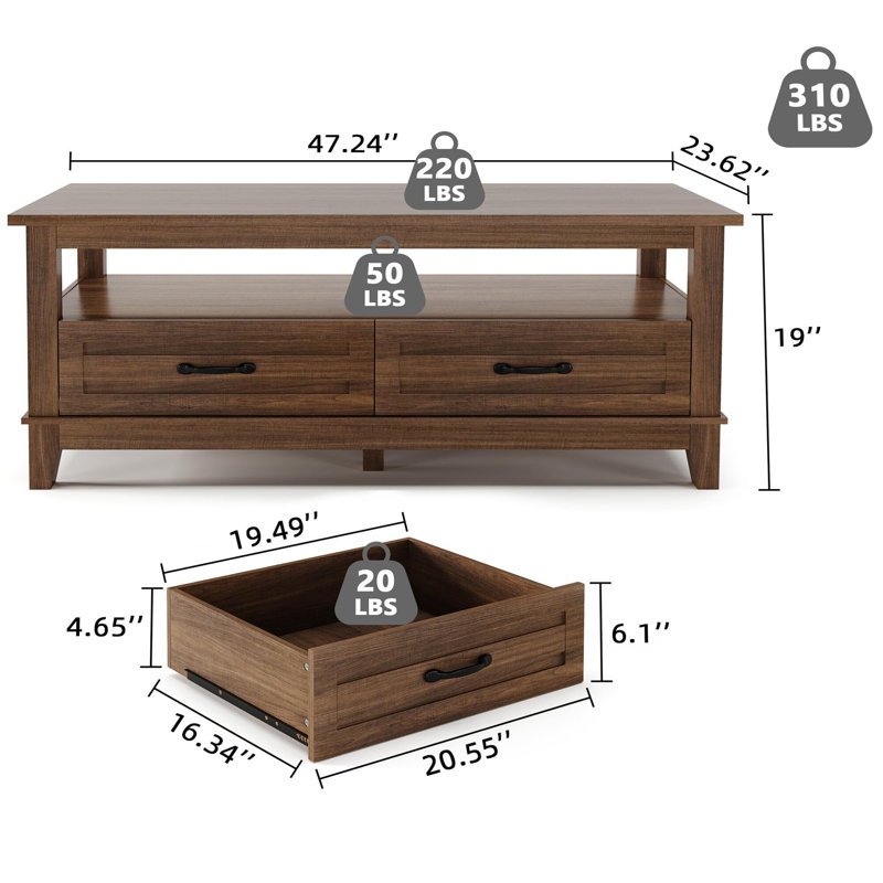 47.24" Farmhouse Coffee Table With Drawers, Brown