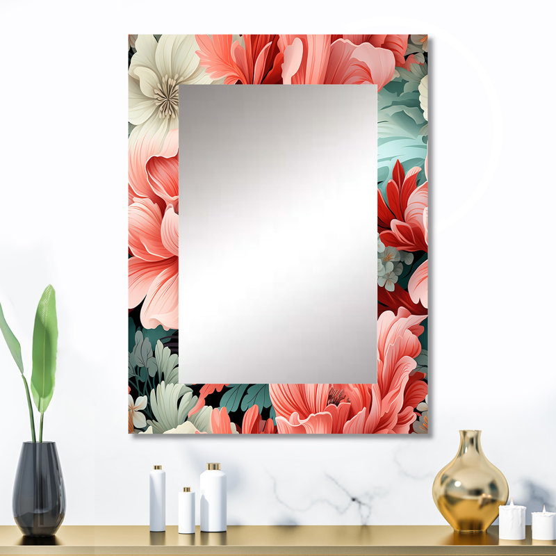 Brynnly corail Serenade motif tropical - grand miroir tropical, miroir mural décoratif tropical, impression d'art en métal