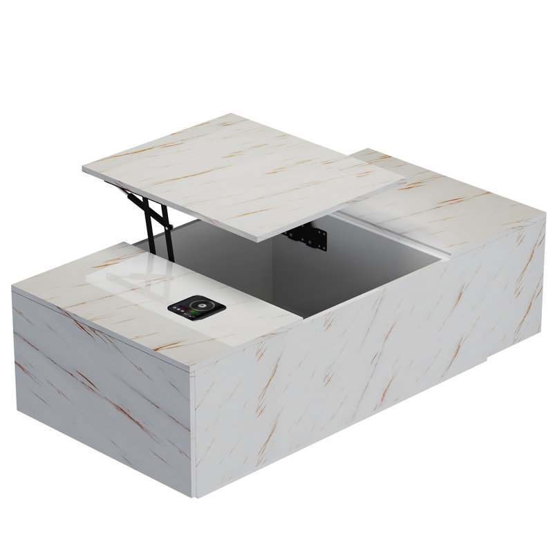 Table basse à plateau relevable avec chargement sans fil, haut-parleurs Bluetooth et éclairage à DEL RVB, Blanc