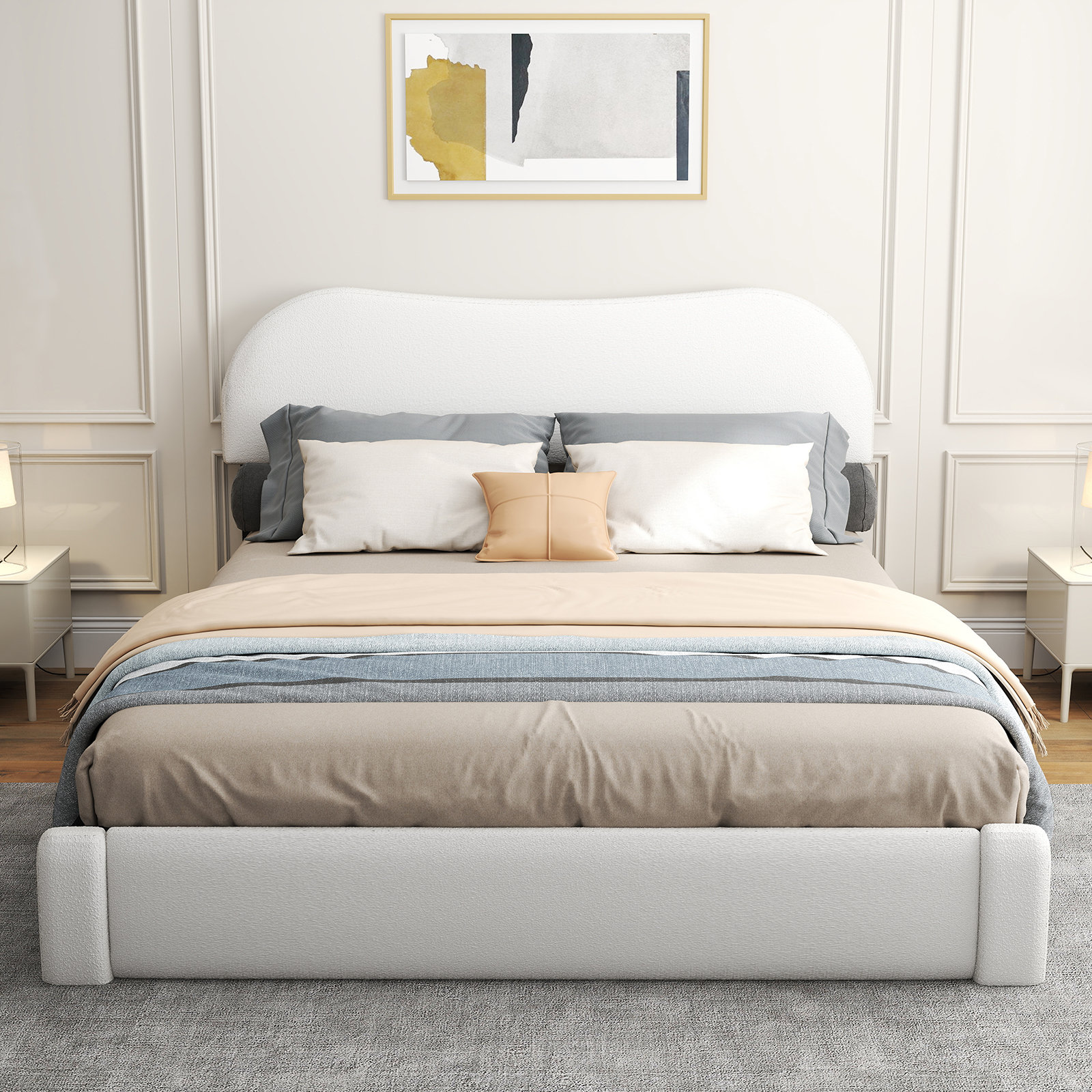 Ebern Designs Boucle Upholstered Bed Frame with Headboard, Modern Bed ...