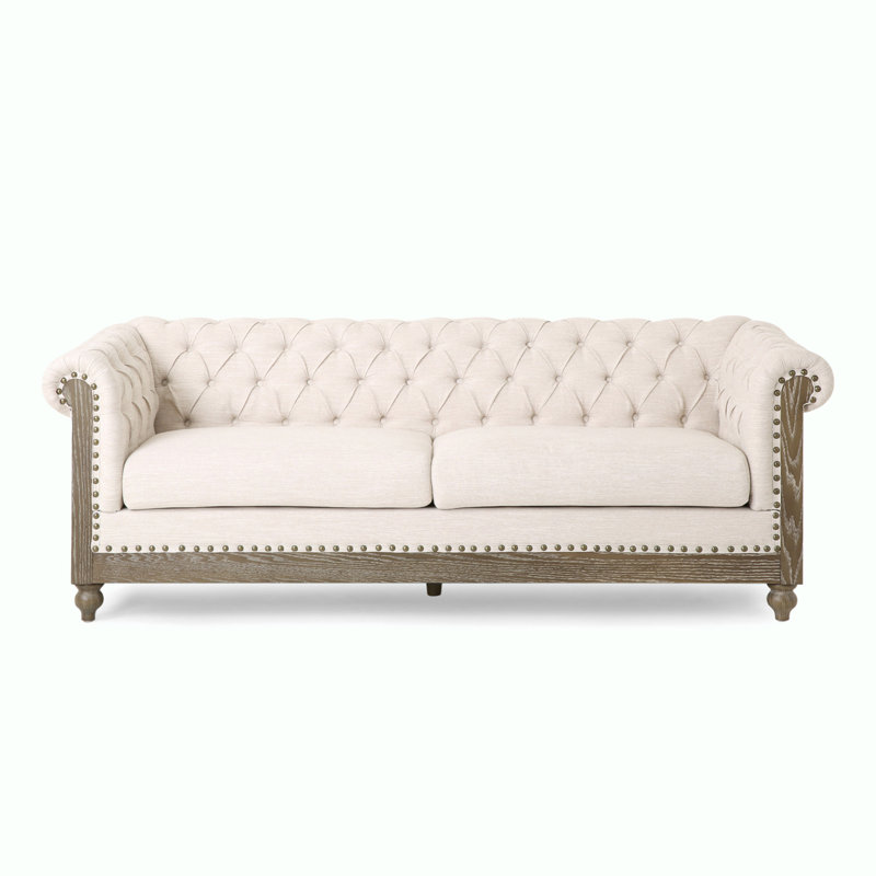Canapé Chesterfield à accoudoirs roulés de 78,75 po Anduin, Polyester beige, Marron foncé