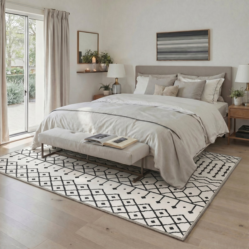 Tapis zigara à motif géométrique blanc et noir lavable à la machine avec envers antidérapant Abrahamson, Rectangle 9' x 12'