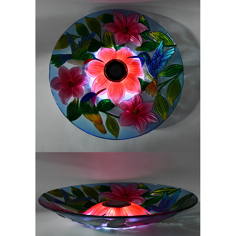 Assiette de bain solaire 18 "avec trois colibris et fleurs roses