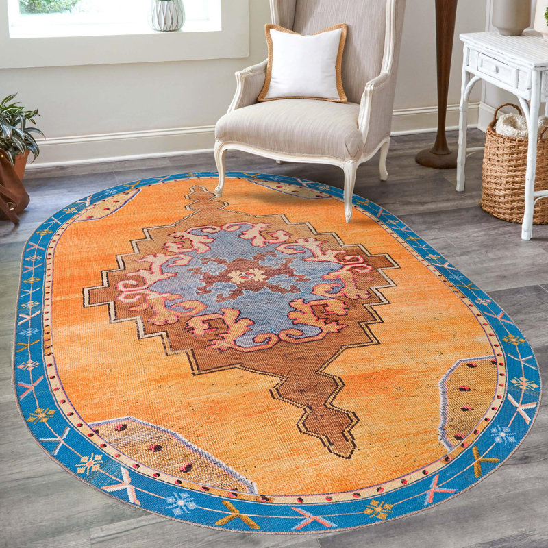 Tapis traditionnel de couleur bleu marine / orange, Ovale 4 pi x 6 pi