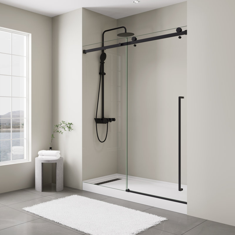 56" - 60" W X 75" H Single Sliding Frameless Shower Door With 5/16" (8mm) Clear Tempered Glass, Stainless Steel Frame, Explosion-Proof Film
