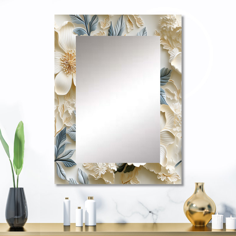 Taevian White Vintage Floral Lace Veil - Floral Decorative Wall Mirror, Floral Mirror, Printed Metal Art, 32" x 24"