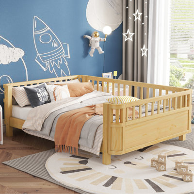 Lit plateforme double en bois pour enfants, lit double en bois à profil bas avec rails, naturel (conception brevetée)