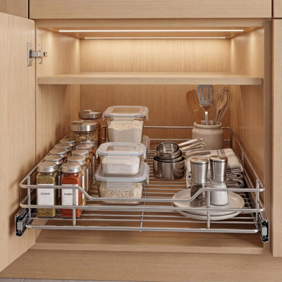 Rangement robuste pour armoire coulissante - Tablette coulissante chromée avec tiroir à fermeture en douceur à extension complète, facile à installer et à nettoyer, capacité de 50 lb - pour casseroles, poêles, sous le lavabo - 14 po x 21 po
