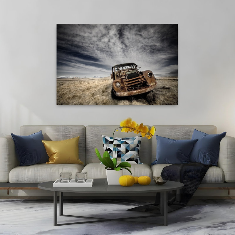 Camion rouillé, ciel spectaculaire, paysage rétro classique et dramatique, affiche murale nature, H 40 po x l 60 po