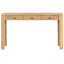 Console design aux coins arrondis, 3 tiroirs, pieds épais, aspect bois naturel, idéale pour l'entrée, le salon et le corridor, offrant un espace de rangement.