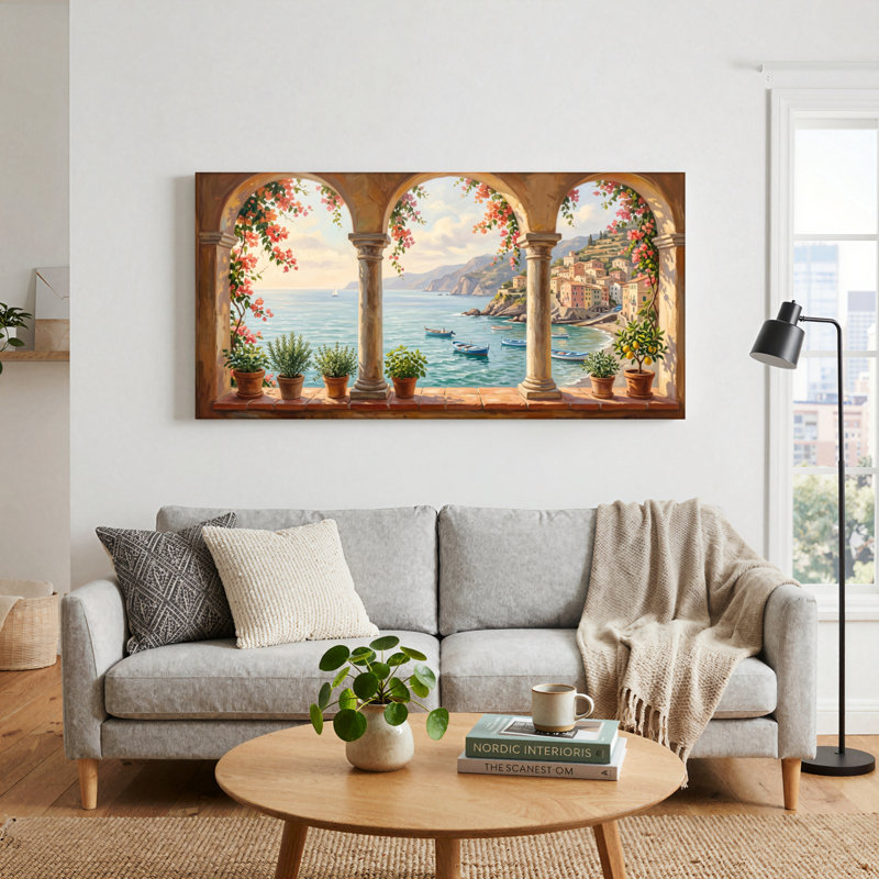 Ensemble de 1 tableau sur toile représentant une vue côtière, L 40 po x H 20 po, Toile tendue