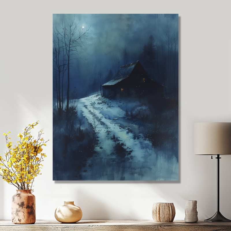  «Blue Mystic Winter Barn In The Dark I - Décoration murale grange, Toile tendue, H 40 po x l 30 po