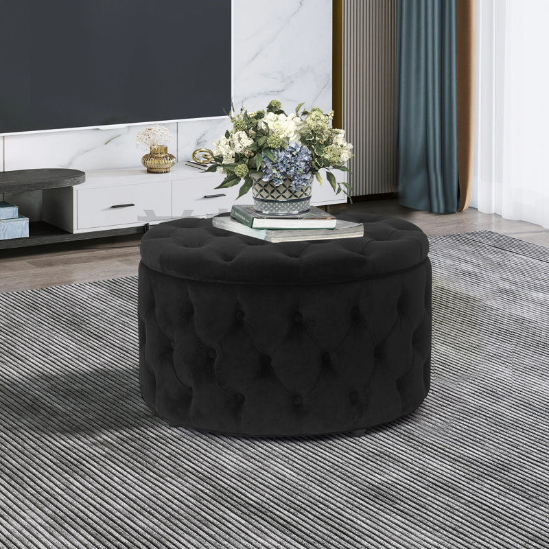 Amram Tufted Round Storage Ottoman, Black Velvet