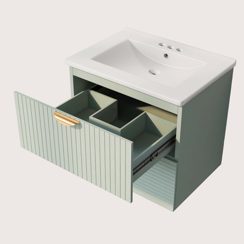 Green and White Wall-Mounted Single Bathroom Vanity with Gold Handles