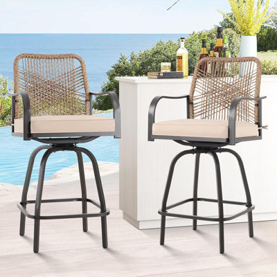 Outdoor Bar Stools Set Of 2, Patio Swivel Bar Height Rattan Bar Stools, Patio Wicker Bar Swivel Chairs With Cushion, Outdoor Pool Bar Chairs For Backy by Bay Isle Home