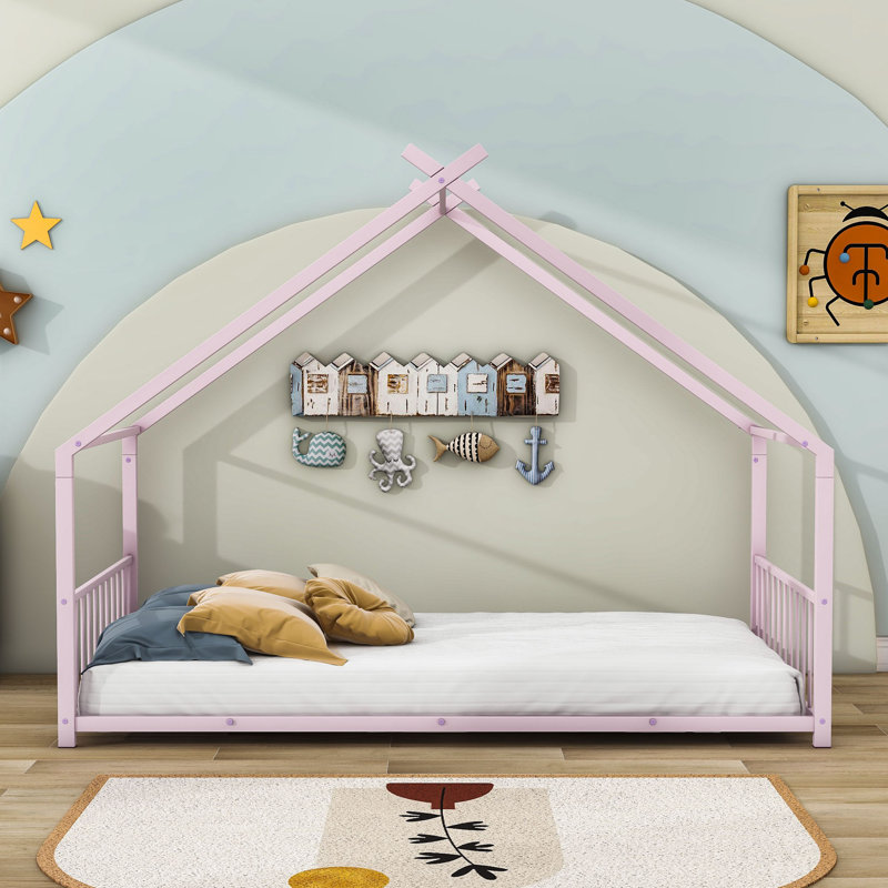 Lit plateforme avec tête de lit en métal Alaye, Rose, Double