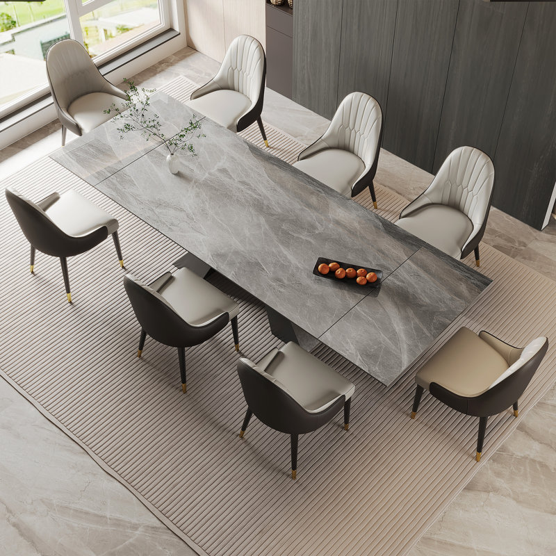 110.23'' Extendable Sintered Stone Dining Table and Dining Set, Snow Mountain White, 8