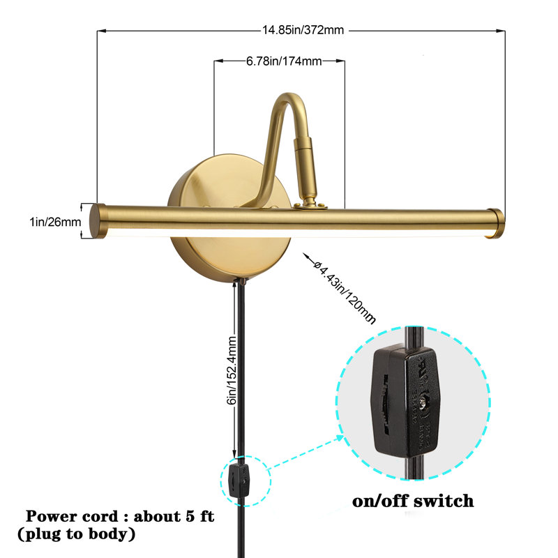 10W Dimmable LED Picture Light Fixture, Plug In/Hardwired,3CCT, Gold