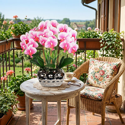 Orchids Artificial Flowers 18" Phalaenopsis Orchid With Silver Ceramic Pots Real Touch Faux Orchid Plant