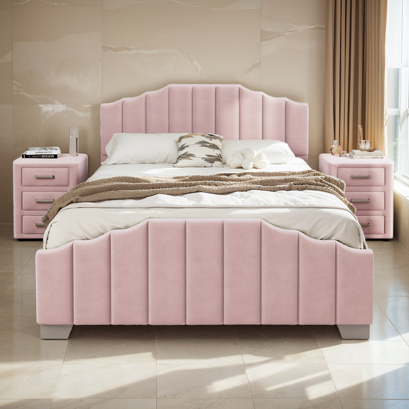 Base de lit luxueuse, élégante et confortable avec 2 tables de chevet, Double, Rose