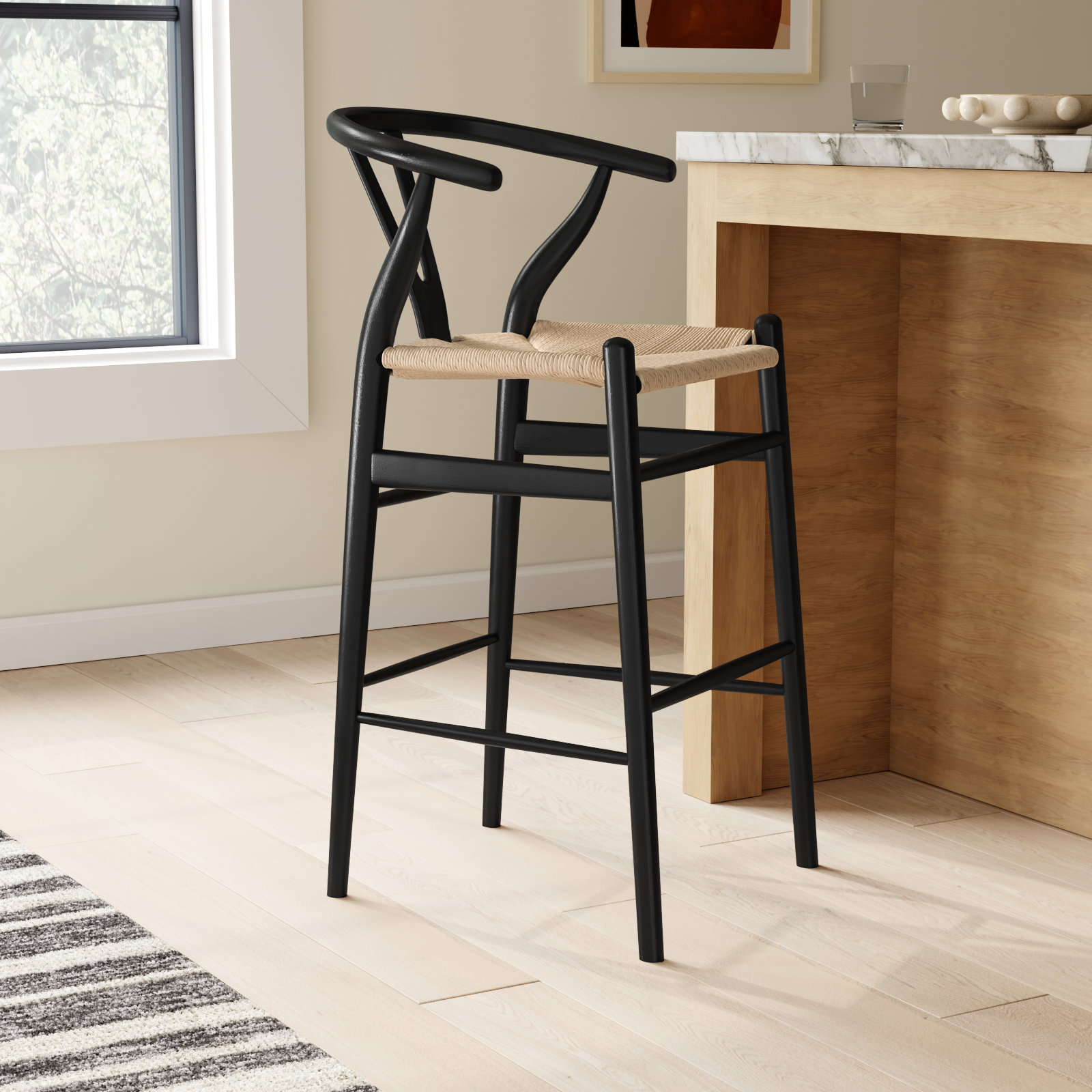 Fairbanks Bar Stool, Bar Stool (30.3" Seat Height), Black, Natural