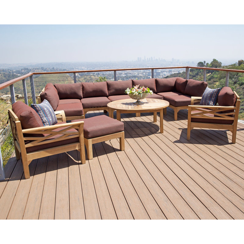 Monterey Teak Outdoor Seating Group with Cushions, Camel, 7 Pcs:  Sectional,Chair,2Cushion,Table,2Ottoman