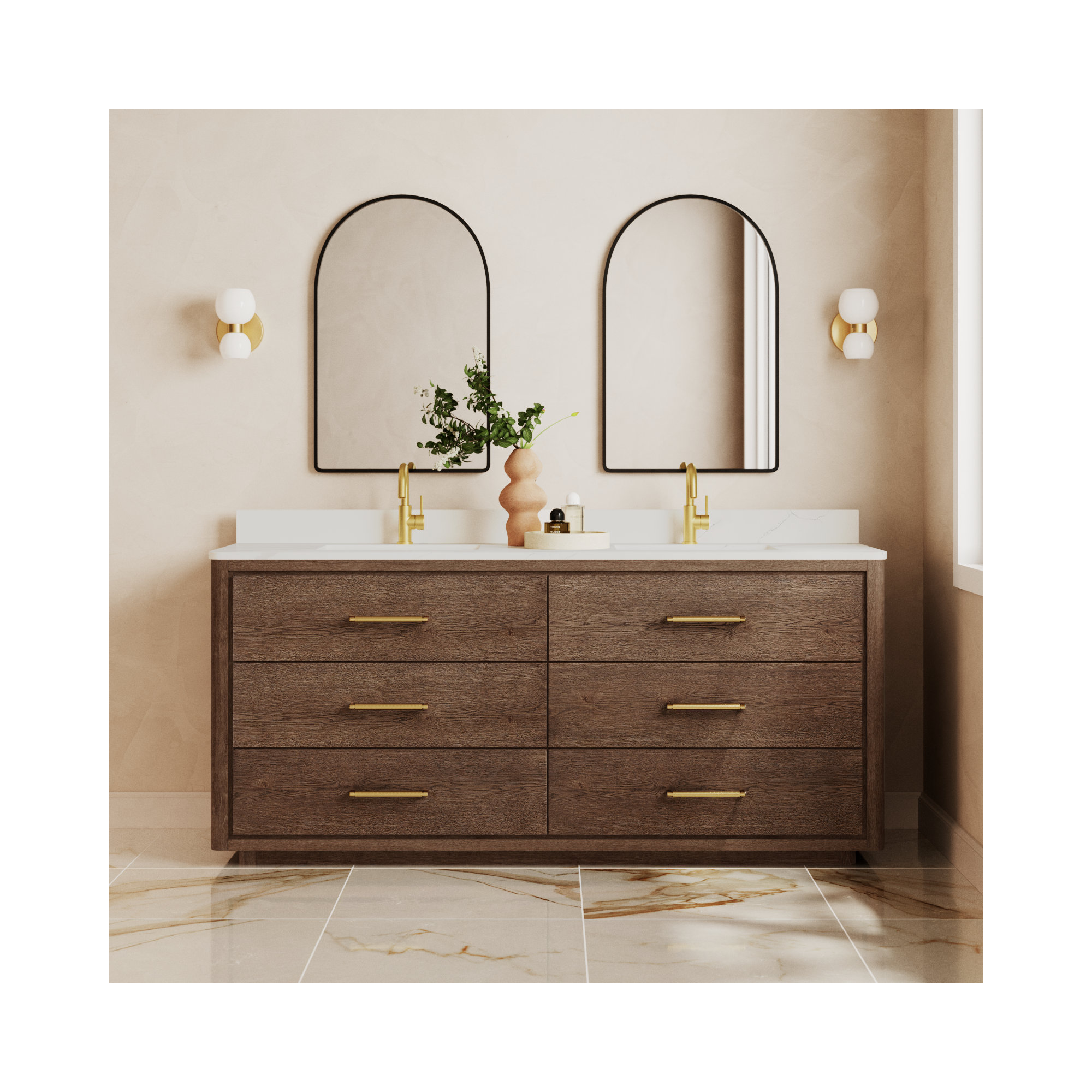Porto 72'' Double Bathroom Vanity, Gold, Dark Brown Oak