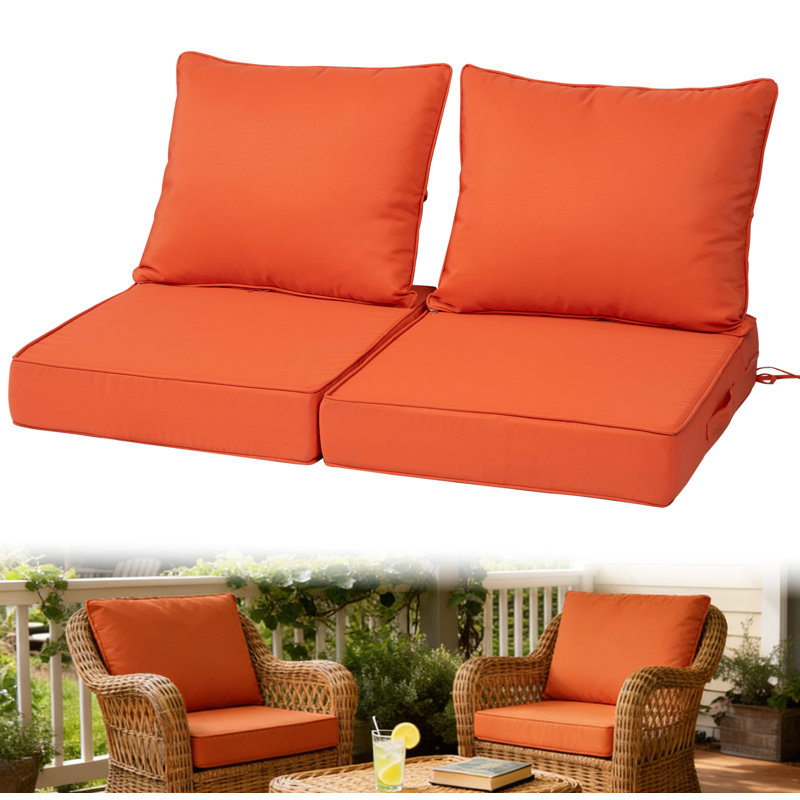 Fade Resistant Outdoor Chair Cushions Set Of 2, Deep Seat Patio Cushions 25.6 X 25.6 With Removable Cover, 28D High Resilience Foam Replacement Outdoor Seat Cushions With For Sofa, Adirondack Chair, Sectional,Orange