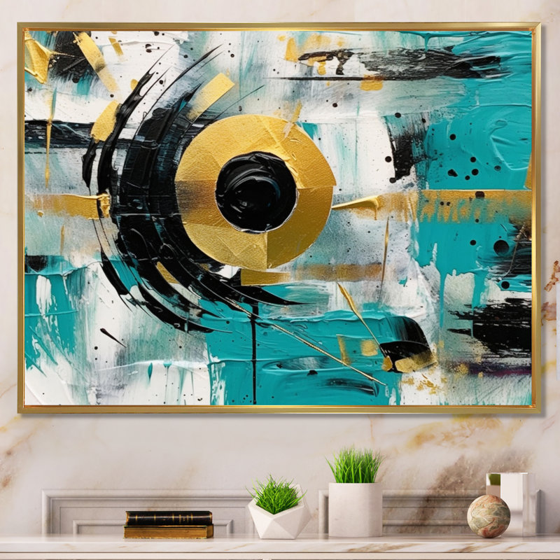 Bleu sarcelle or cubiste kaléidoscope II sur toile, Cadre flottant doré, H 30 po x l 40 po x P 1,5 po