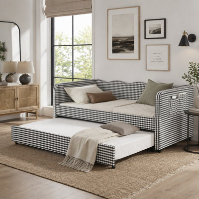 3‑in‑1 Versatile Convertible Gingham Upholstered Daybed with Pull-Out Trundle Bed and Side Storage Pocket