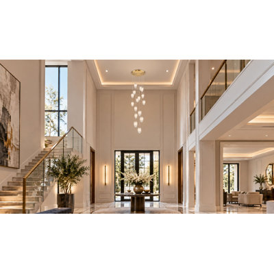 15-Light Gold Chandelier With White Glass Pendants